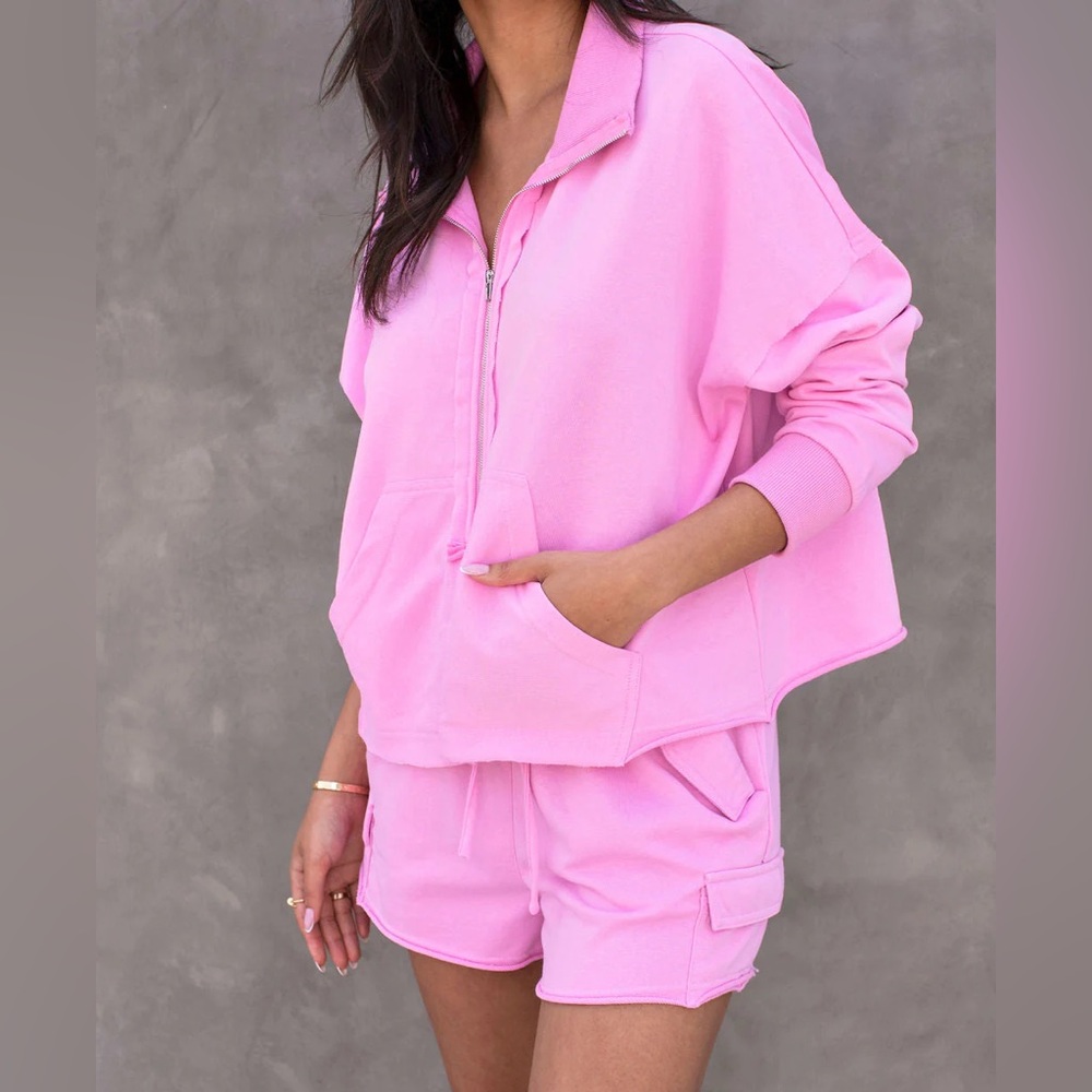 Behati Half Zip Lightweight Sweatshirt & Shorts SET - Pink - Medium